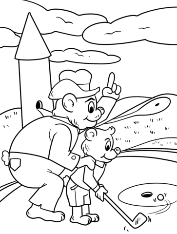 Dad And Son Playing Golf Coloring Page